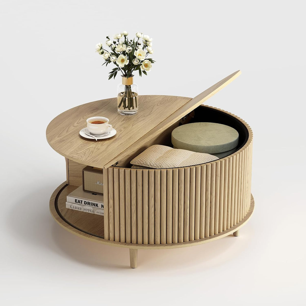 Jiansu furni Round Coffee Table with Storage, 31.5' Natural Oak Drum Table for Small Space, Fluted Wood Center Table with Hidden Compartment, Modern Farmhouse Furniture for Living Room Organization