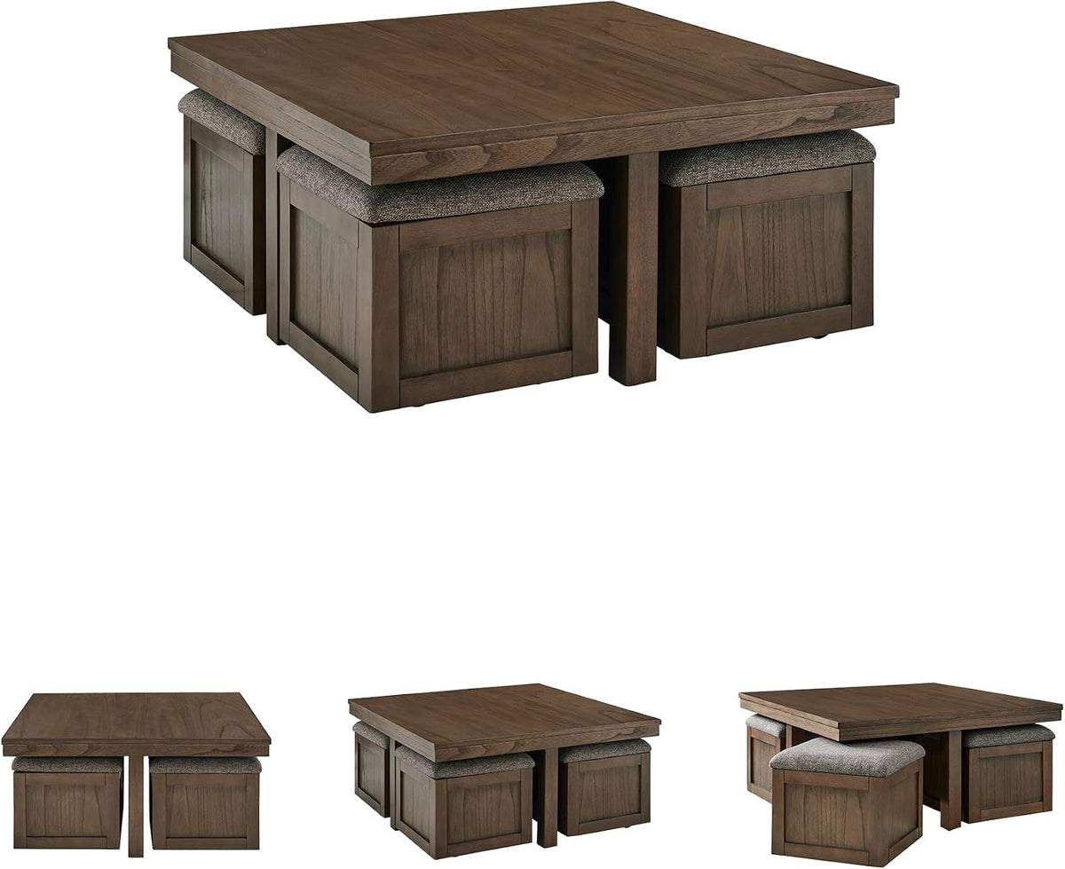 Signature Design by Ashley Boardernest Casual Coffee Table with 4 Storage Stools, Dark Brown