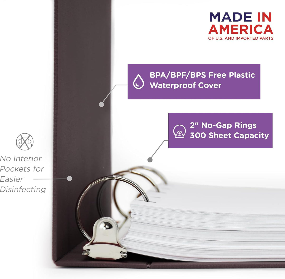 Carstens 2-Inch Heavy Duty Round Ring Binder for Medication Administration Records – Side Opening, Plum, Case of 16, Durable Plastic, No Pockets, Holds 300 Letter Sheets, Made in USA (1808-3RCS)
