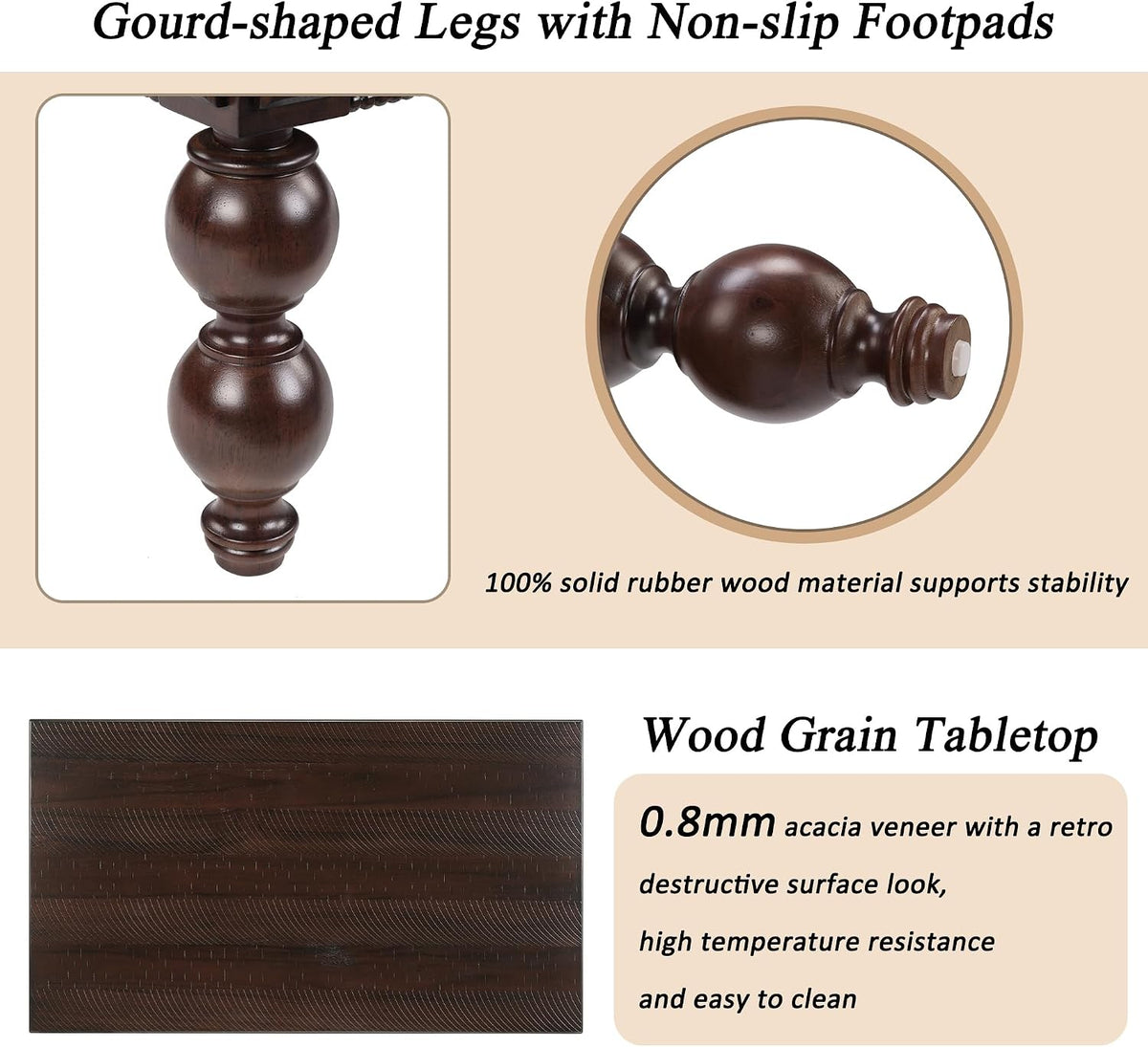 Rectangular Wooden Coffee Table with Storage Drawer, Vintage Cocktail Table with Solid Wood Gourd-Shaped Legs for Living Room