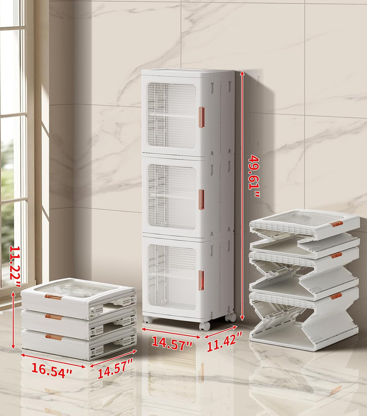 3-Tier Slim Narrow Bathroom Storage Cabinet with Movable Wheels and Adjustable Shelves Plastic Cabinets with Doors Foldable Small Spaces Organizers for Kitchen Laundry Bedroom Pantry,White