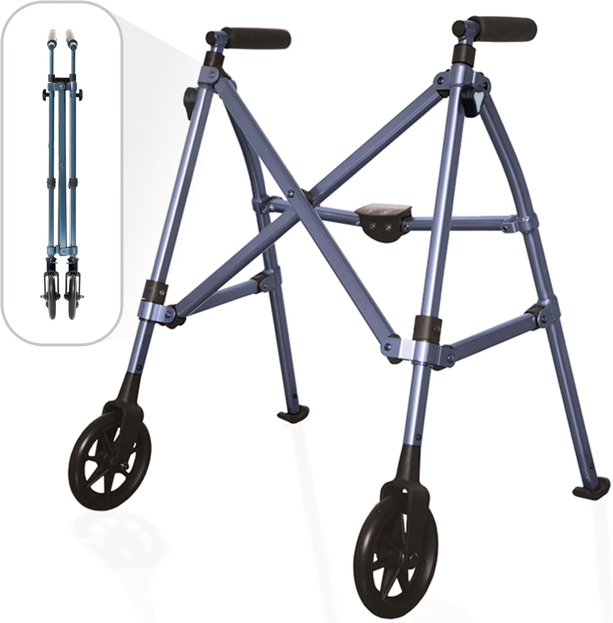Stander Space Saver Walker Short, Lightweight Folding Rolling Mobility Aid for Juniors & Petite Adults, Compact 2-Wheel Disability Device with 6-inch Wheels & Rear Ski Glides, Cobalt Blue