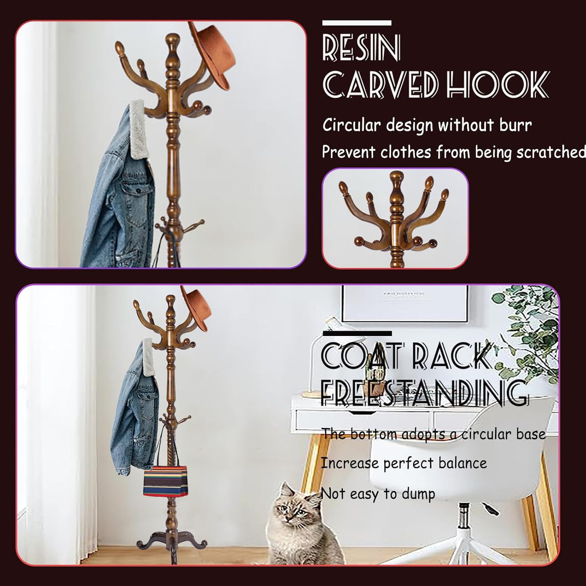 73 in Wood Coat Rack, Coat Rack Freestanding with Stable Round Base, Adjustable Height Tree Coat Racks Stand for Home Bedroom Office Hallway Entryway (Triangular Antique)