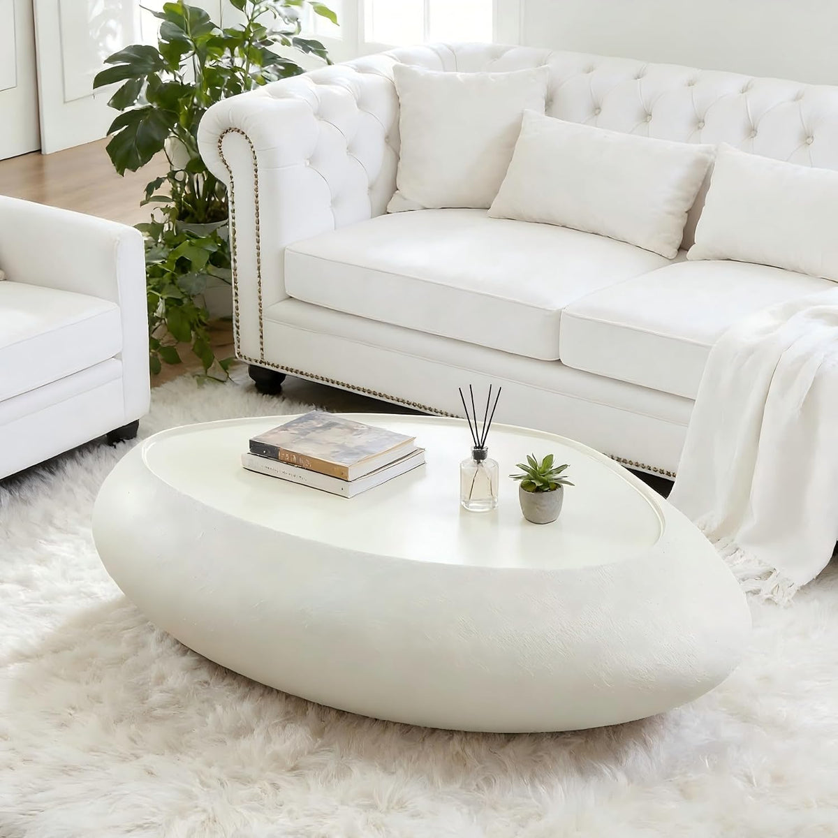 45.28' Oval Coffee Table, Modern Faux Stone Circle Center Tables Accent Drum End Side Table for Living Room, No Installation Required,White
