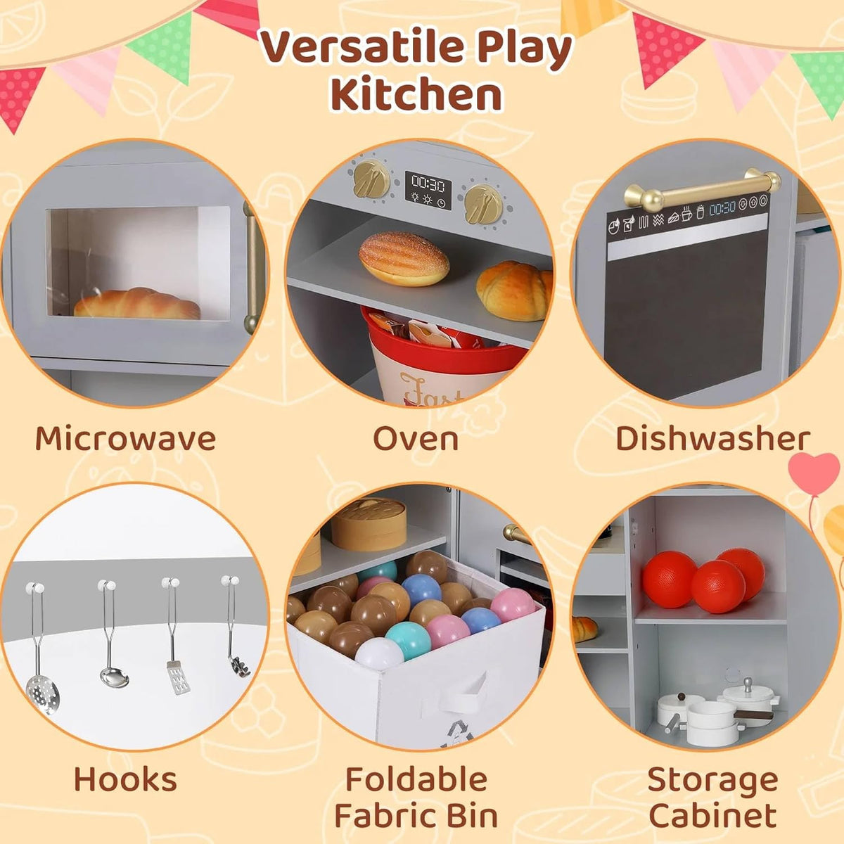 Arlopu Corner Wooden Play Kitchen with Lights & Sounds, Ultimate Pretend Cooking Toy Playset w/Utensils, Oven, Microwave, Stove, Water Dispenser (Gray)