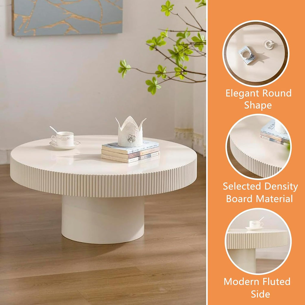 30.7'' Modern Fluted Round Coffee Table for Living Room, Drum Circle Coffee Table with Sturdy Pedestal, Small Round Center Table Contemporary Tea Table Funky Side Table for Apartmen,White,Fluted
