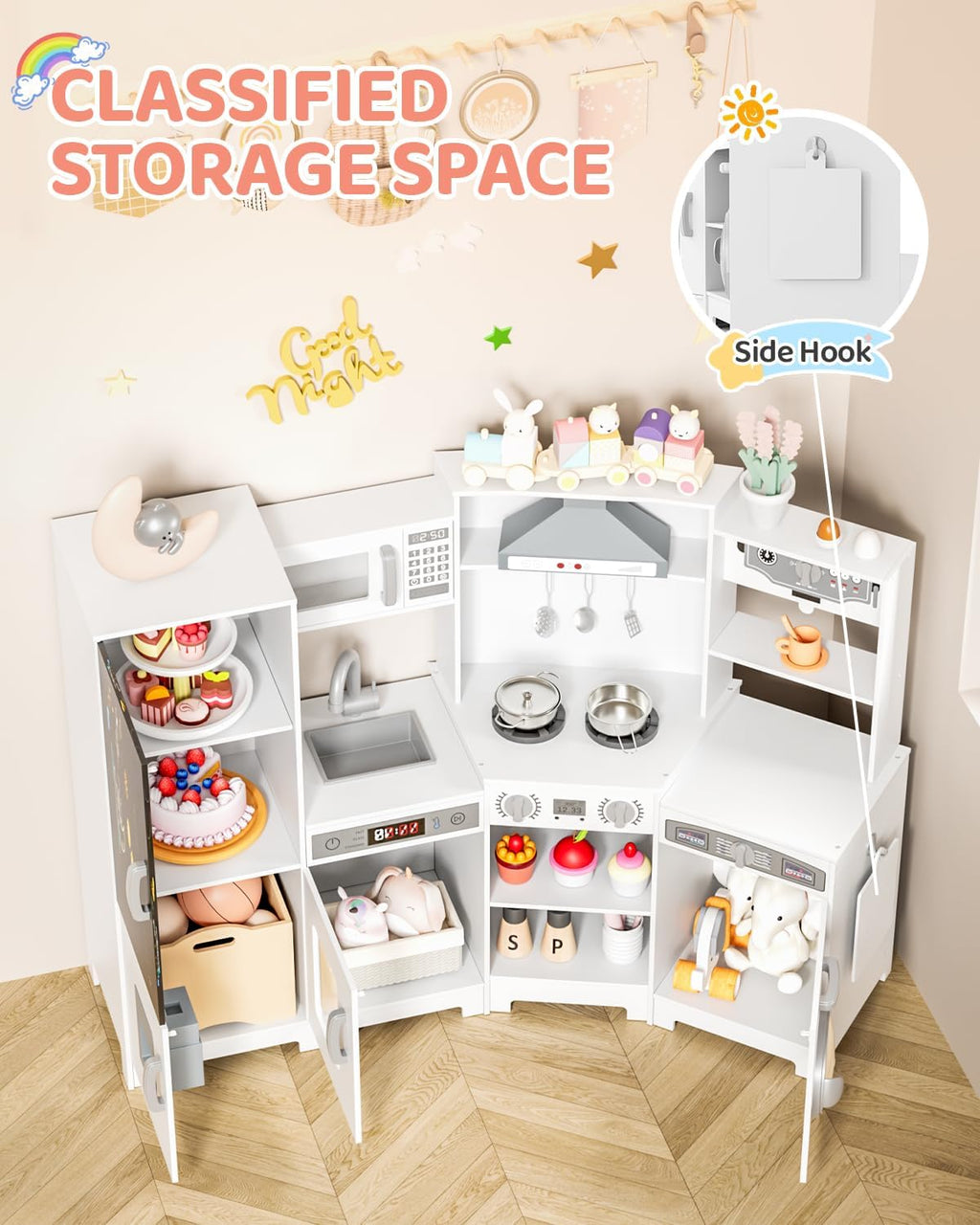 MAMIZO Wooden Corner Play Kitchen, Extra-Large Interactive Kids Kitchen Playset w/Lights & Sounds, Blackboard, Washing Machine, Ice Maker & 7 Accessories, Ultimate Pretend Toy Kitchens for Toddler