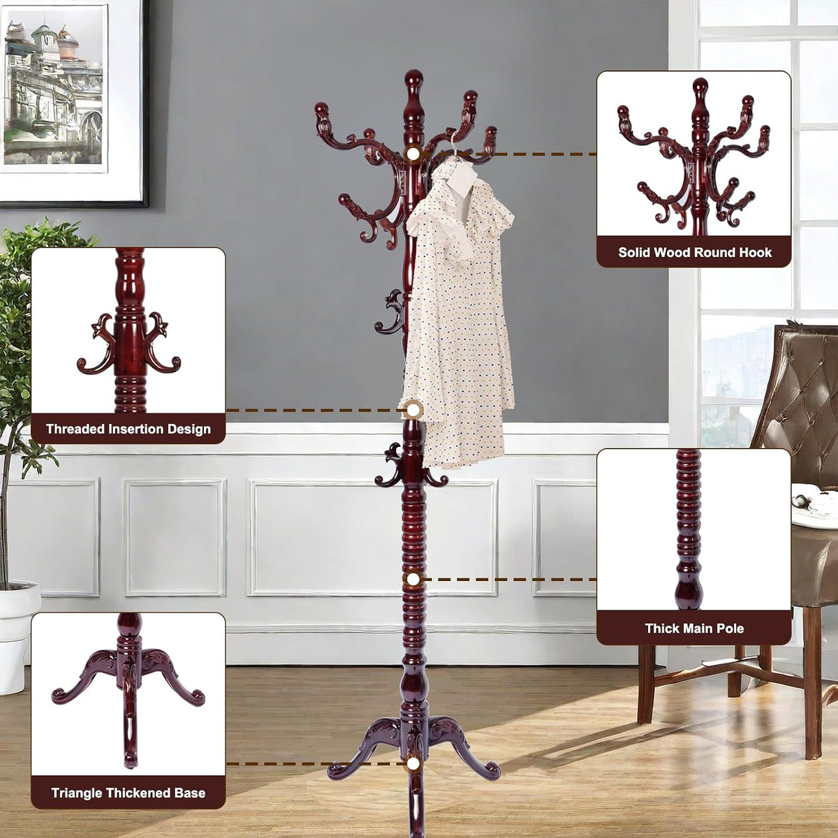 Solid Wood Coat Rack – 73' Freestanding Coat Racks Stand with 14 Hooks & Stable Base, Adjustable Height Modern Wooden Hall Tree for Entryway, Bedroom, Office, Home (Mahogany Triangle)
