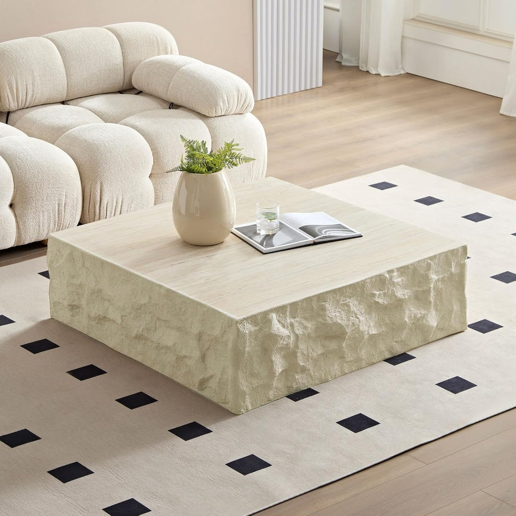 LKTART Square Coffee Tables for Living Room, Imitation Stone Fiberglass Center Table Modern Aesthetic Coffee Table for Office,Apartment,No Need Assembly