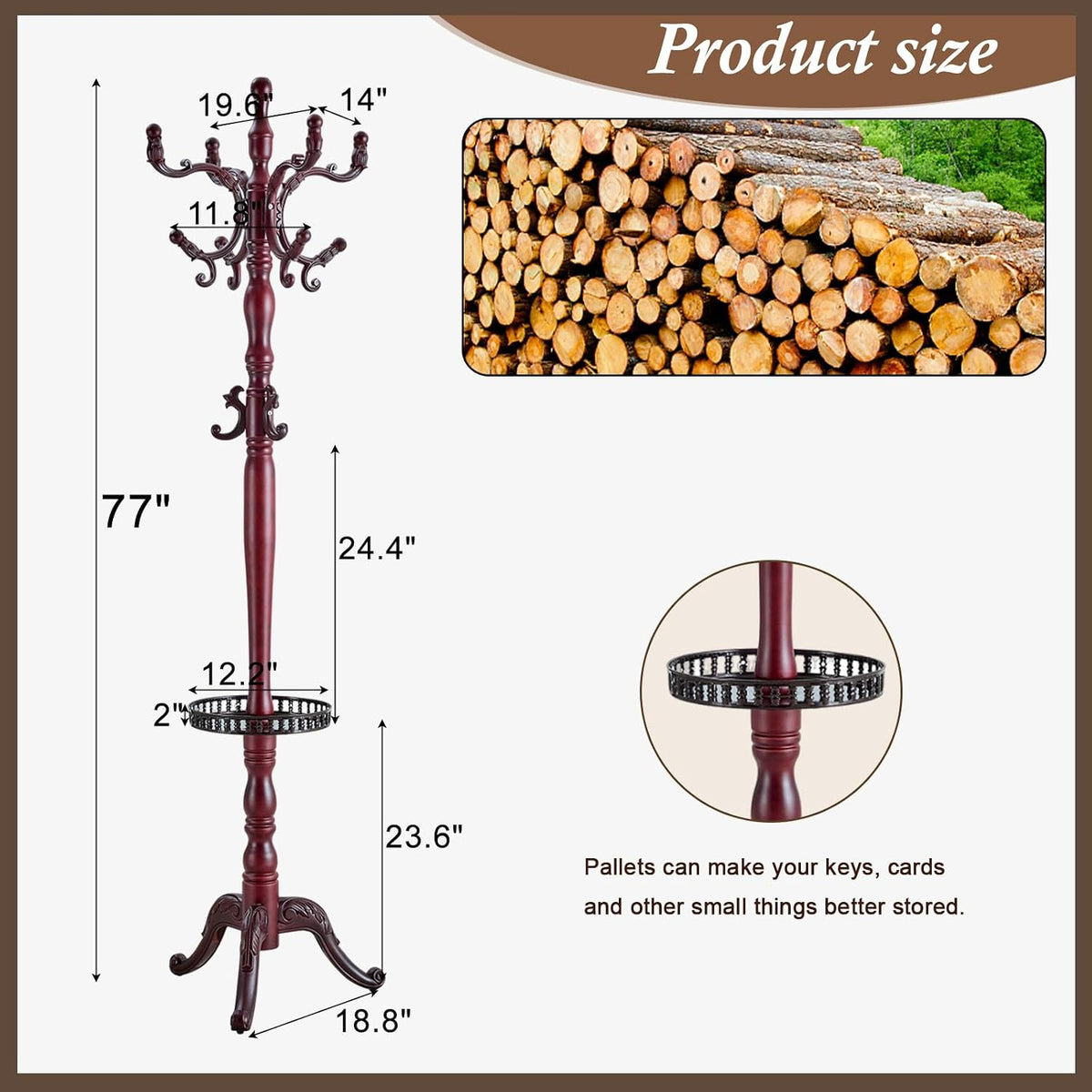 Wooden Coat Rack Freestanding, Vintage Coat Racks with Sturdy Round Base, Adjustable Height 37.40'-72.83' Entrance Coat Rack for Bedroom Living Room Entryway (Rosewood Upgraded version)