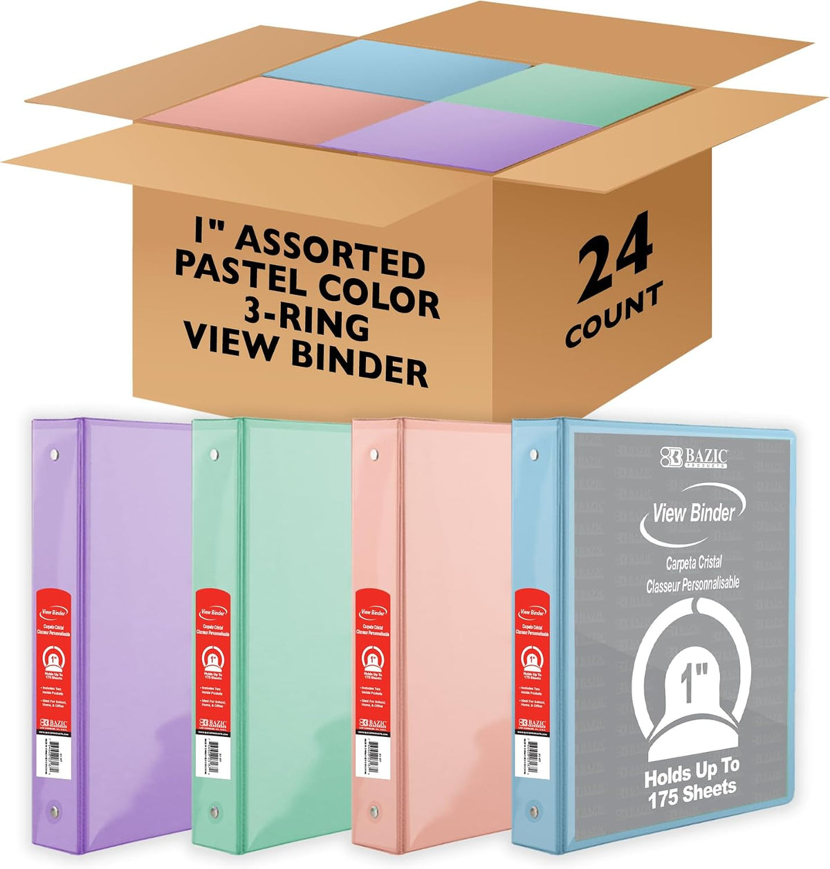 BAZIC Products 3 Ring Binder 1' Economy View Binders Organizer - Pastel Color, Round Ring, Hold 175 Sheets Paper, for School Office Home, 24-Count