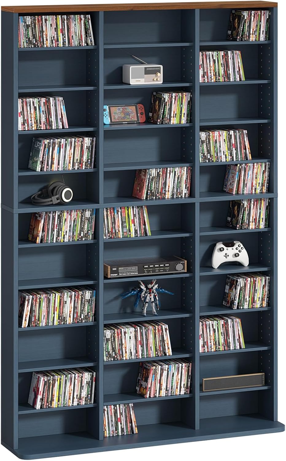 LELELINKY 11 Tier Tall Display Cabinet, Media Storage Cabinet with Adjustable Shelves, Free Standing DVD Organizer Shelf, Floor Multimedia Storage Manga Bookshelf for Living Room & Home Office,Blue