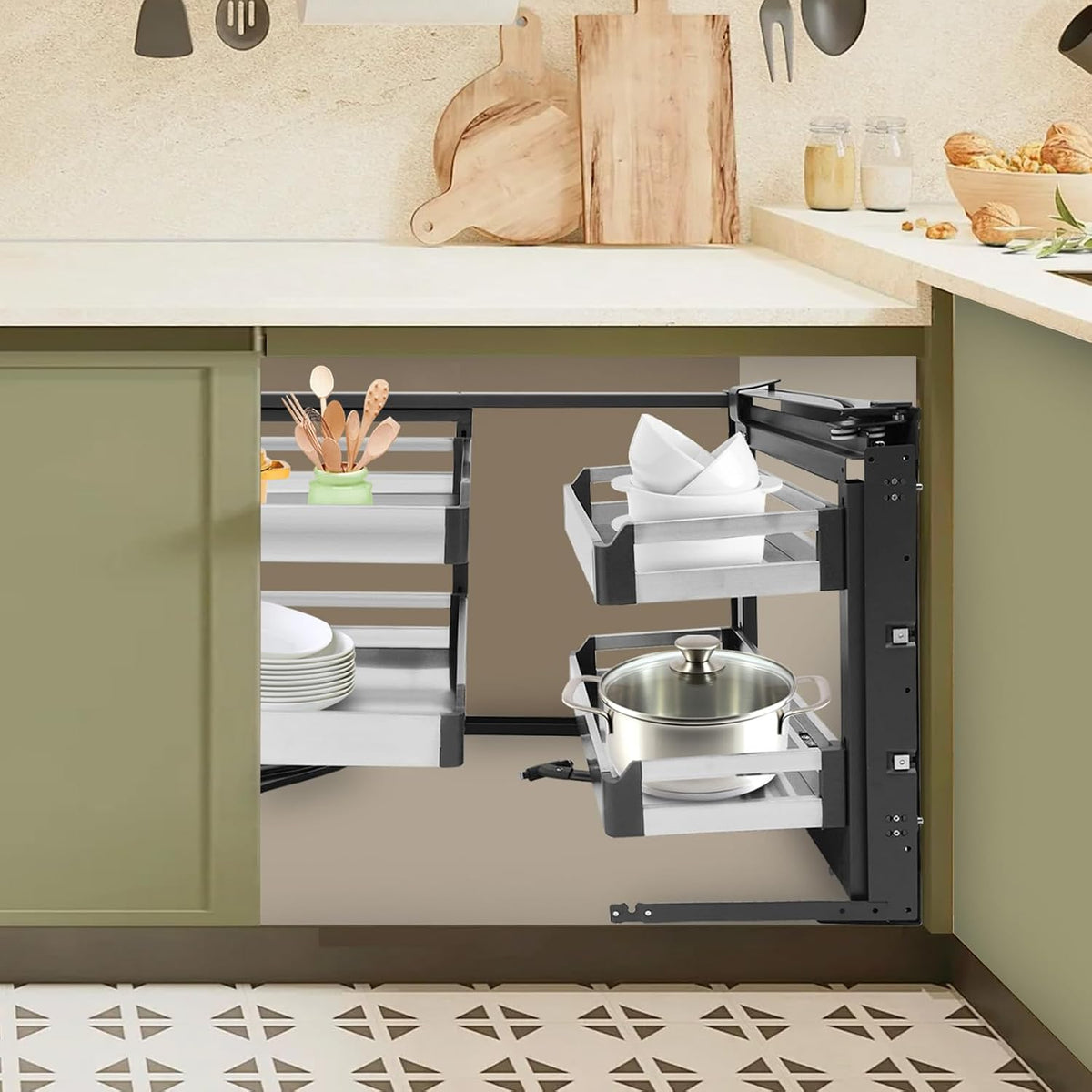 Blind Corner Cabinet Pull Out Organizer 2 Tier with 4 Detachable Shelves Magic Pull Out Deep Corner Cabinet Organizer Narrow Blind Cabinet Pull Out (Stainless Steel, Right Open)