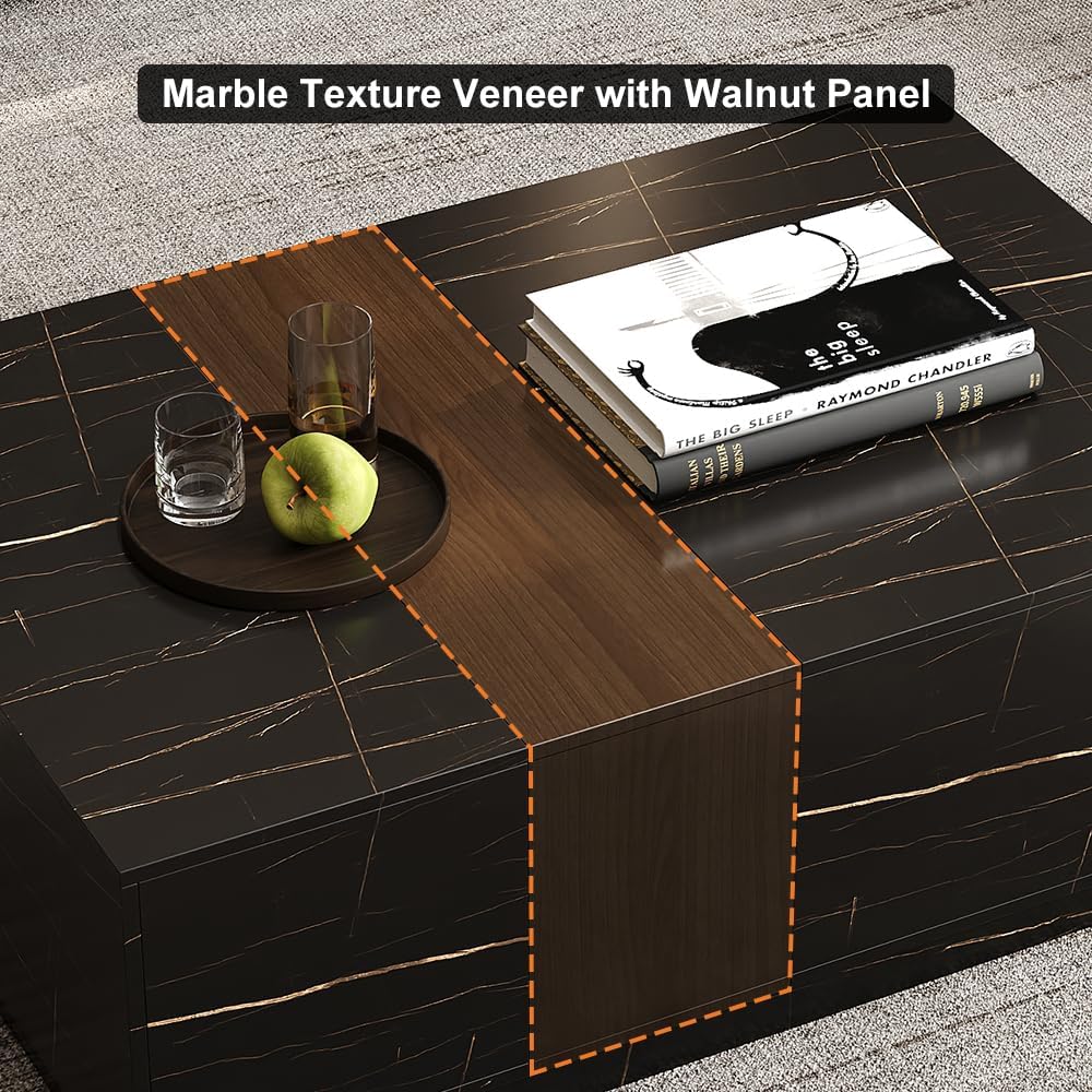 homary Marble & Walnut Coffee Table – Modern Block Design Living Room Center Table with 2 Storage Drawers, White Marble Veneer & Walnut Wood Veneer, Sturdy Base & Smooth Quiet Rails (Black)