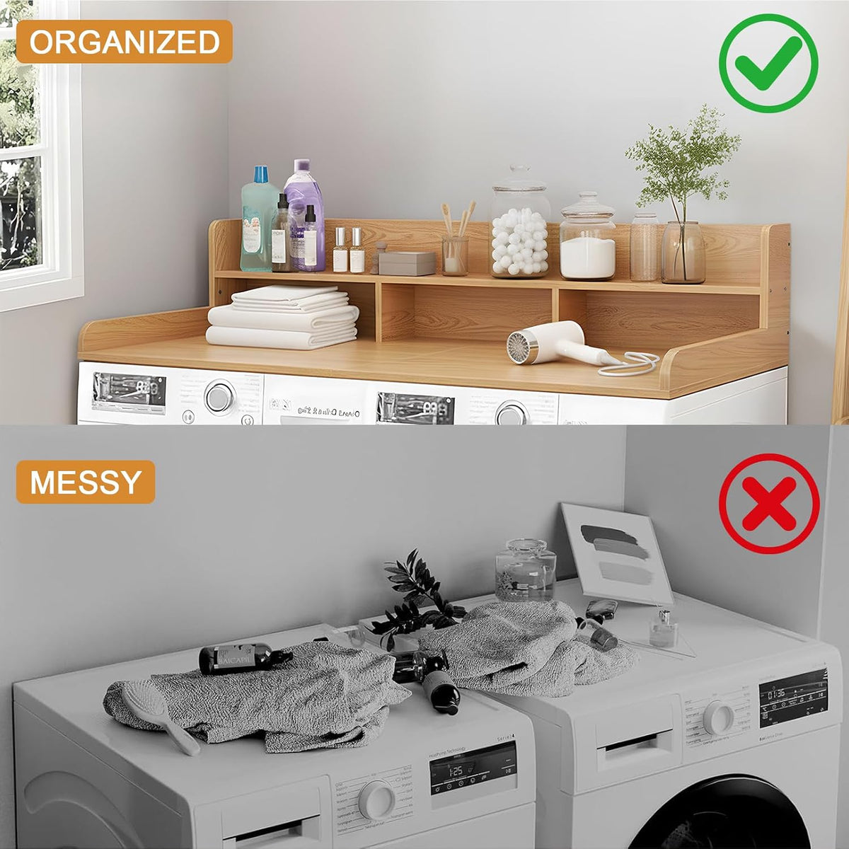 Washer Dryer Countertop with Shelf, 2-Tier Laundry Countertop Over Washer and Dryer, 54' x 27.55' Wooden Table for Folding Clothes for Laundry Room Organization and Storage (Oak)