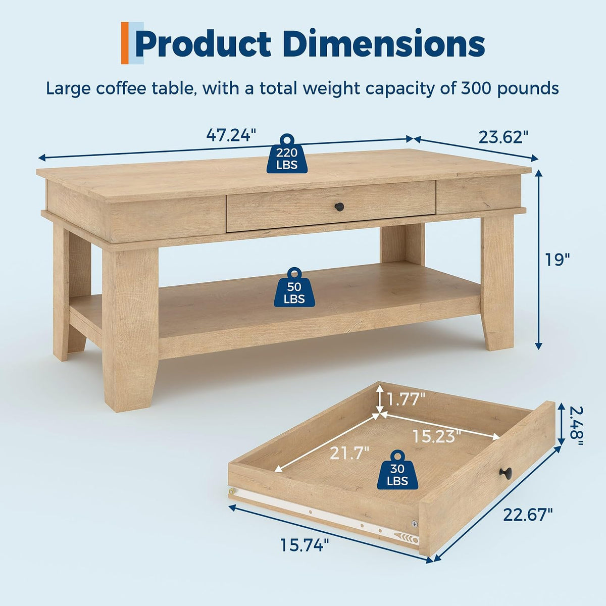 GarveeHome Light Oak Coffee Table 47.2' Center Table with Drawer and Storage Shelf, Large Coffee Tables Living Room Furniture, Sturdy and Easy to Clean, Holds 300 Pounds in Total