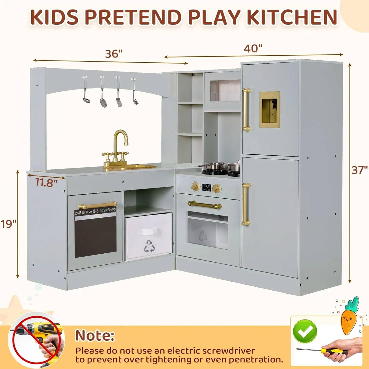 Arlopu Corner Wooden Play Kitchen with Lights & Sounds, Ultimate Pretend Cooking Toy Playset w/Utensils, Oven, Microwave, Stove, Water Dispenser (Gray)