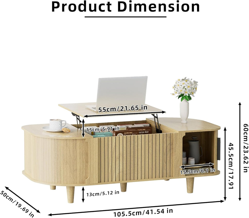 Lift Top Coffee Table, Oval Mid Century Modern Center Table with 3 Hidden Storage, 41' Coffee Tables with Sliding Door and Open Cabinet for Living Room Bedroom Office, Natural Wood
