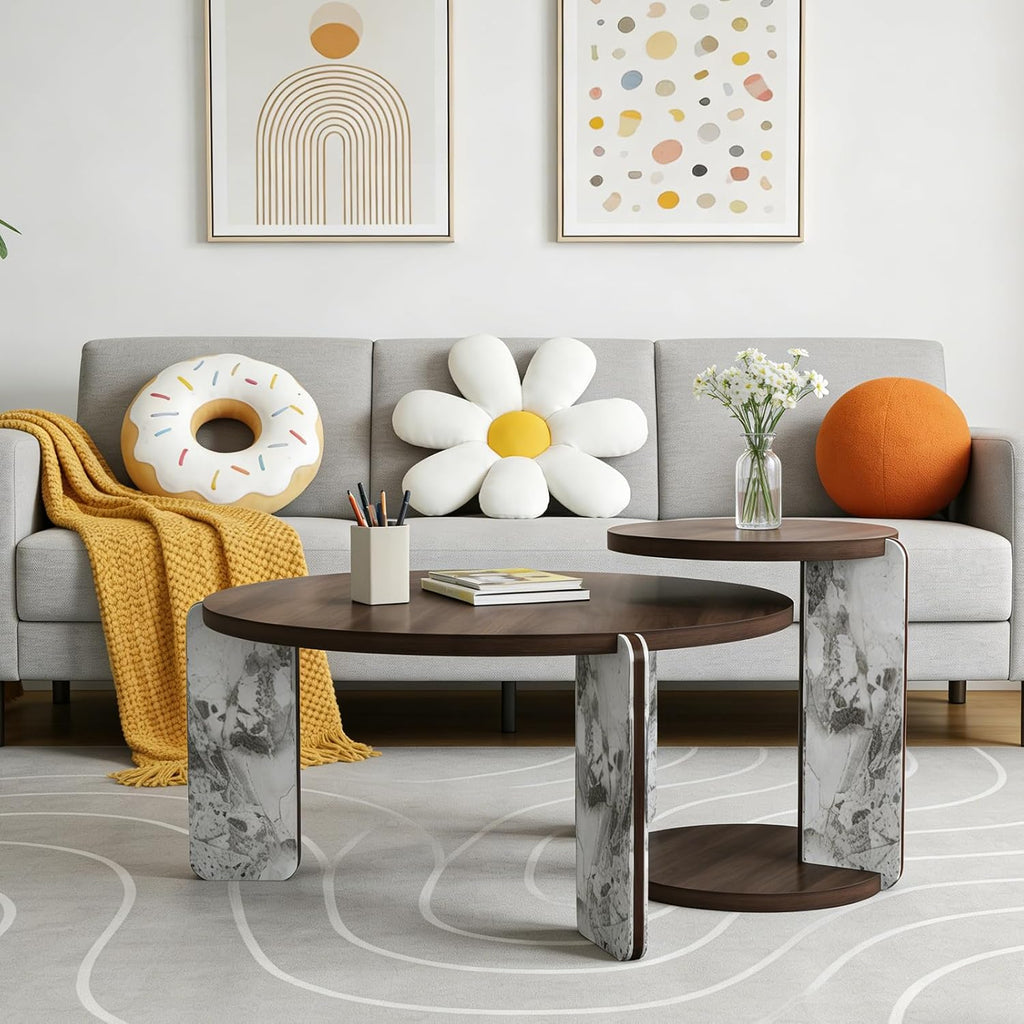 Modern Nesting Coffee Table Set of 2, 2-Piece Modern 32.68' & 16.93' Round Living Table Set with Walnut Veneer Surface 25mm MDF and Sintered Stone Legs for Living Room