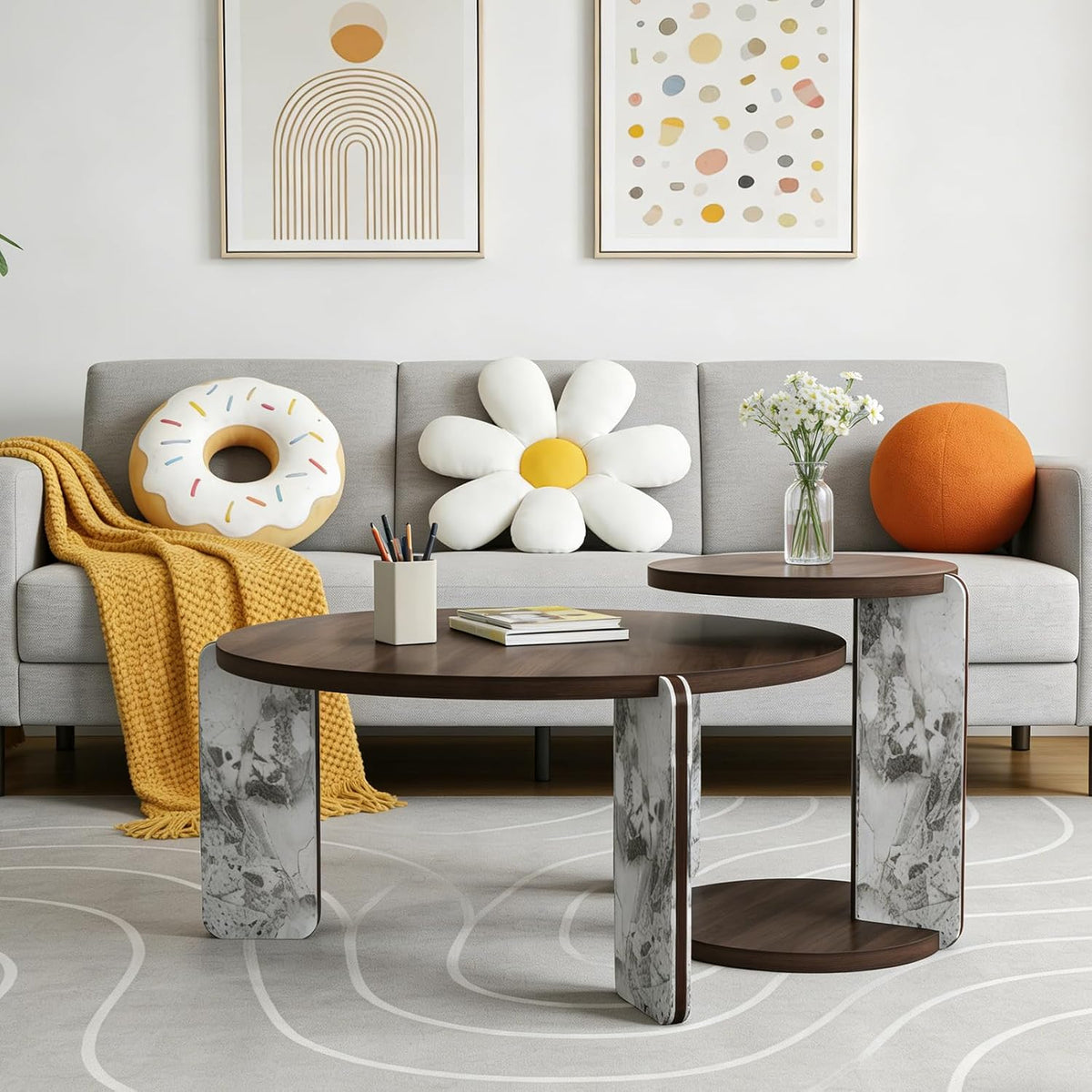 Modern Nesting Coffee Table Set of 2, 2-Piece Modern 32.68' & 16.93' Round Living Table Set with Walnut Veneer Surface 25mm MDF and Sintered Stone Legs for Living Room