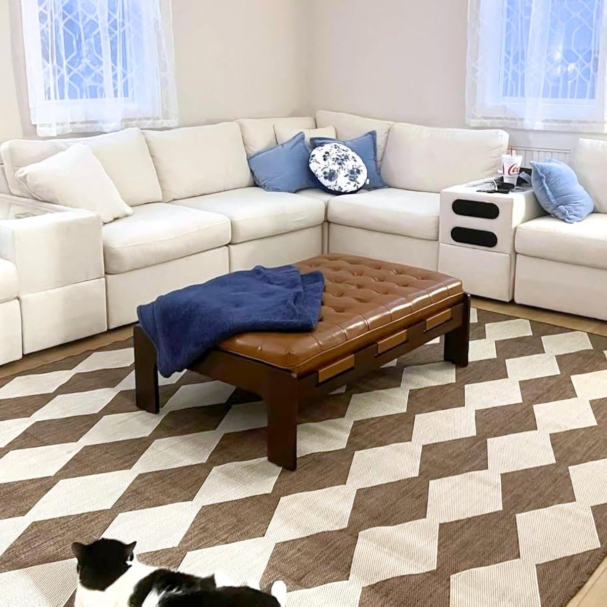 chairus 47.75' Large Rectangle Ottoman Coffee Table, Tufted Faux Leather Upholstered Living Room Coffee Table with Solid Wood Frame, Oversized Mid-Century Modern Footrest Ottoman, Brown PU