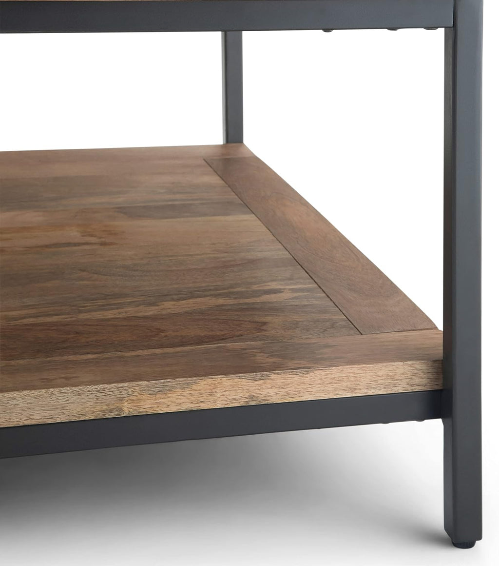 SIMPLIHOME Skyler Square Coffee Table - 34 inch Wide Solid Mango Wood and Metal Living Room Table in Natural, Industrial Center Table for Family Room or Lounge with Open Shelf and Black Frame
