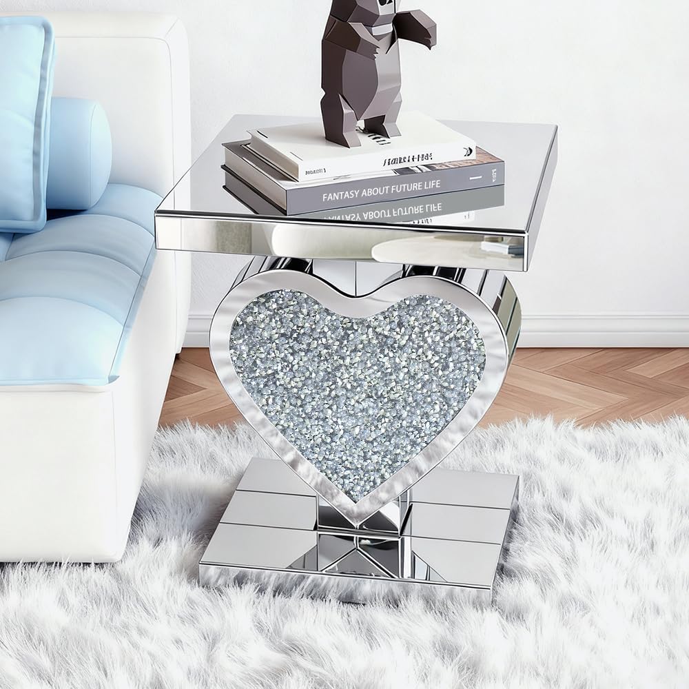Pregaspor Silver Mirrored End Table, Crystal Inlay Heart Shape Side Table Accent Table, Small Mirrored Coffee Table for Living Room, Bedroom, Corner, 24' H