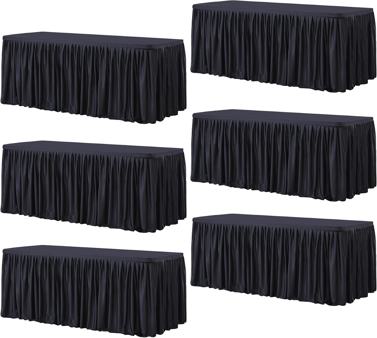 Wish Care 6 Pack Black Rectangle Table Clothes for 8 Foot Tables, Polyester Fitted Tablecloths 8ft Stretch Table Cover for Wedding, Birthday, Parties, Trade Show, Craft Show