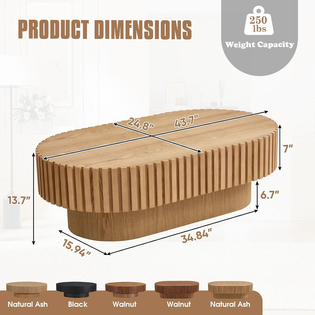 43.70' Oval Coffee Table for Living Room, Mid Century Modern Wooden Fluted Tea Table with 34' Pedestal, Unique Drum Coffee Table Tea Table Side Center Table for Apartment Small Space, Natural Ash