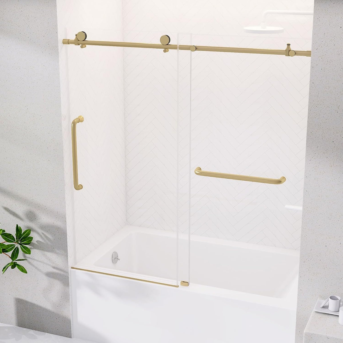 Sliding Tub Shower Door 56-60 in. W x 60 in. H Frameless Bypass Bathtub Shower Doors 1/4 inch Clear Tempered Glass Tub Door for Walk-in Shower Brushed Gold Harewares
