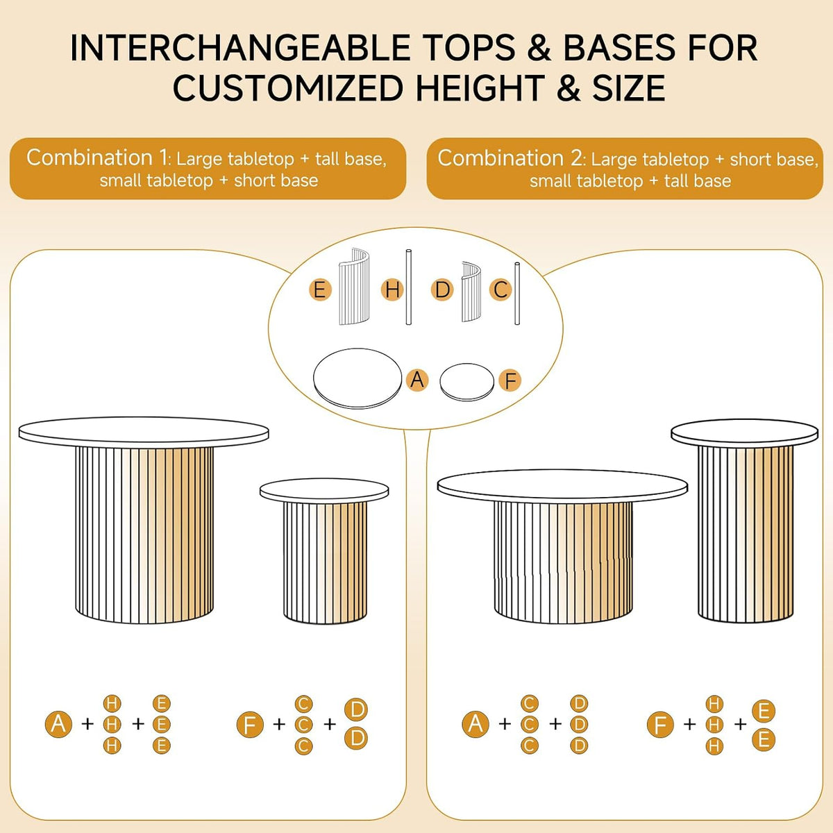 Round Nesting Coffee Tables Set of 2 -φ27.6 Large Short + φ15.8 Small Tall Boho Circle Side Tables with Fluted Drum Design, Beige