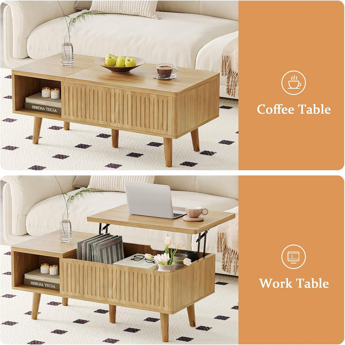 Lift Top Oval Coffee Table with Storage, 2-in-1 Height Adjustable Modern Coffee Table for Small Living Room & Apartment (Oak)