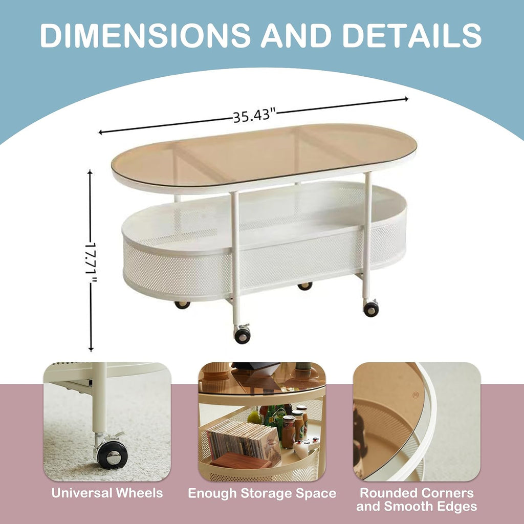 Movable Oval Coffee Table with Tempered Brown Glass and Storage, 35'' x 17'' Stylish Functional Metal & Glass Tea Table for Living Room