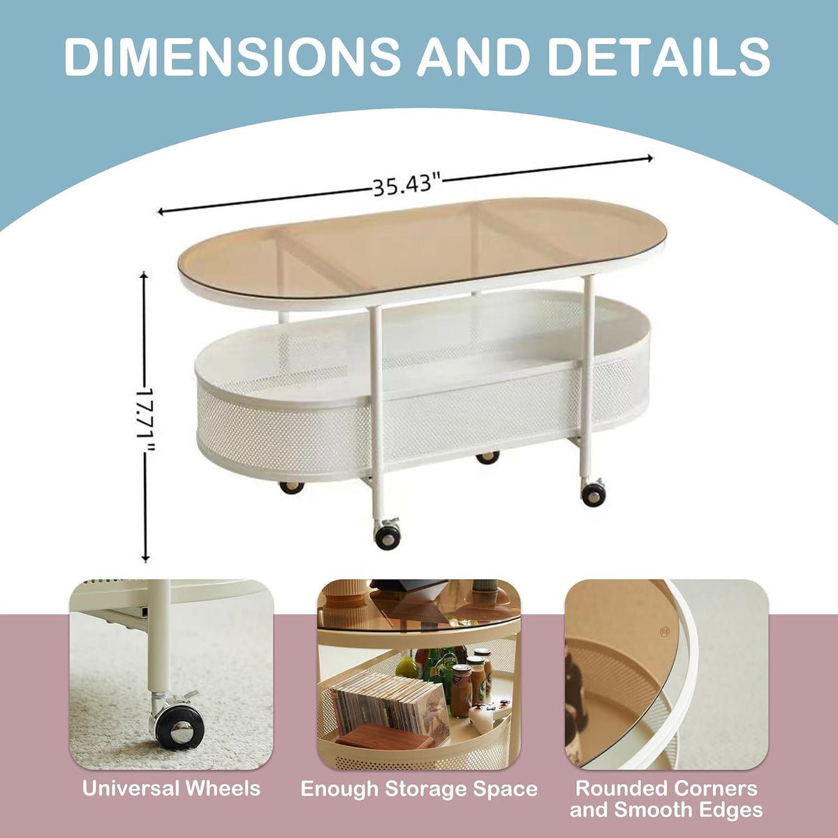 Movable Oval Coffee Table with Tempered Brown Glass and Storage, 35'' x 17'' Stylish Functional Metal & Glass Tea Table for Living Room