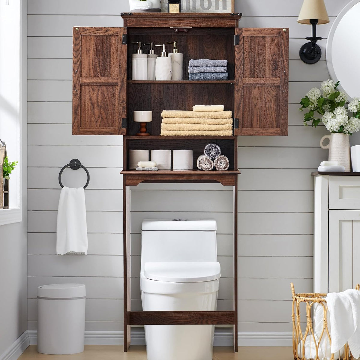 ACCOHOHO Over The Toilet Storage Cabinet, Farmhouse Bathroom Cabinet with Adjustable Shelf & Barn Door, 67' Tall Over The Toilet Shelf, Brown