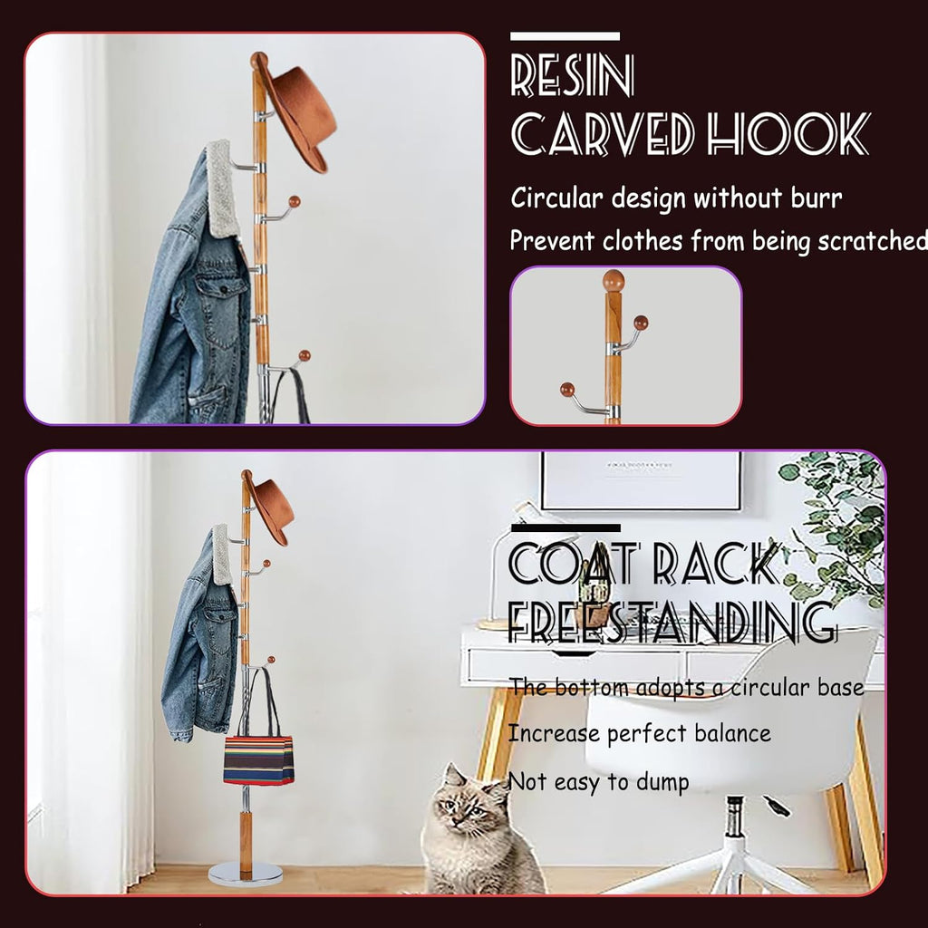 68 in Wood Coat Rack, Coat Rack Freestanding with Stable Round Base, Adjustable Height Tree Coat Racks Stand for Home Bedroom Office Hallway Entryway (Solid Wood Metal Hook)