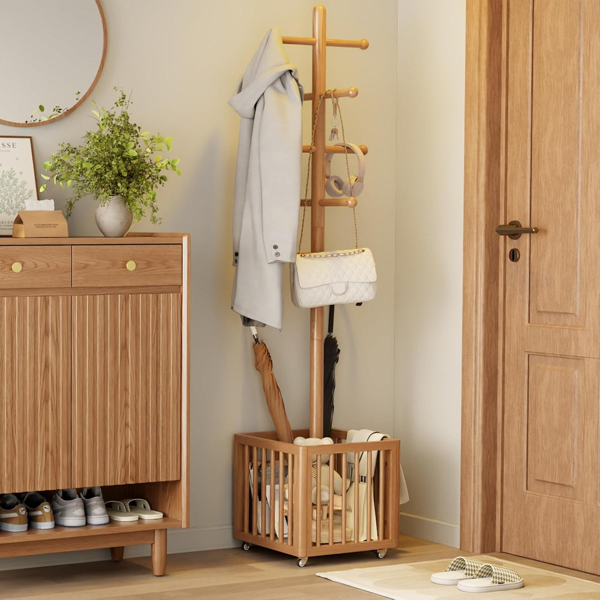 Solid Wood Freestanding Coat Rack with 10 Adjustable Hooks, Storage Basket and Lockable Casters, Organizes Hats, Clothes and Bags for Entryway, Bedroom, Living Room