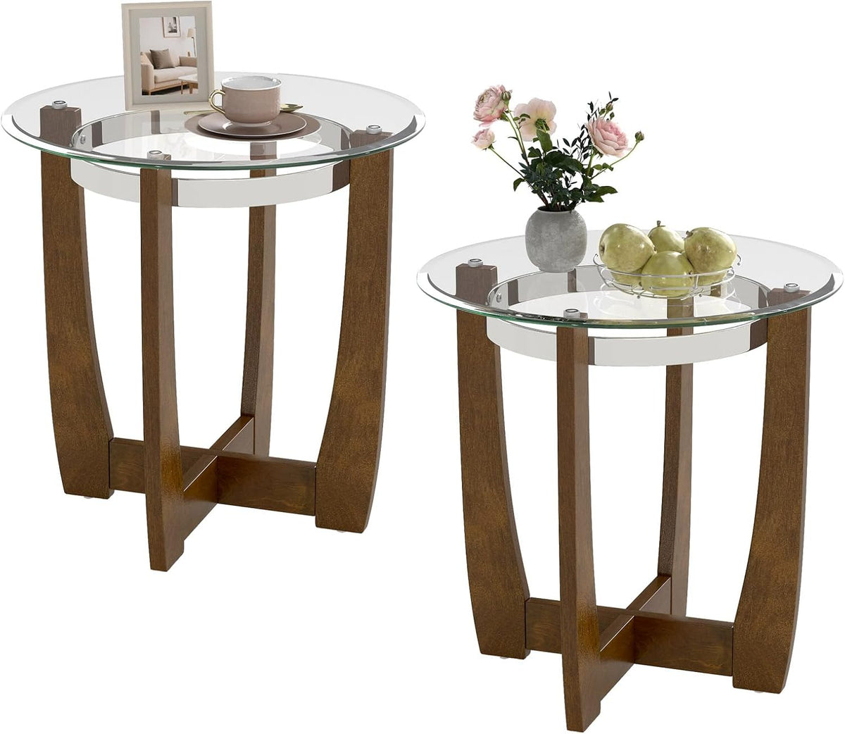 GOFLAME Glass End Table Set of 2, 24' Round Sofa Side Table with Solid Rubber Wood Frame, Tempered Glass Top, Cross Base, Modern Circle Coffee Table for Living Room, Bedroom, Apartment, Walnut