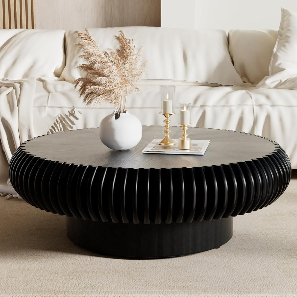 Black Round Drum Coffee Table Modern Circle Drum Fluted Wood Tea Table, Contemporary Center Table for Living Room (A Black 39.37' inch)
