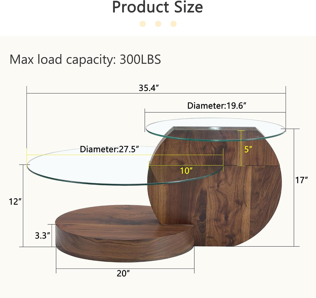 Ebullient Modern Round Glass Coffee Table, 3-Tier Wood Base Geometric Center Table for Living Room, Contemporary Accent Furniture, 35.4 Inch