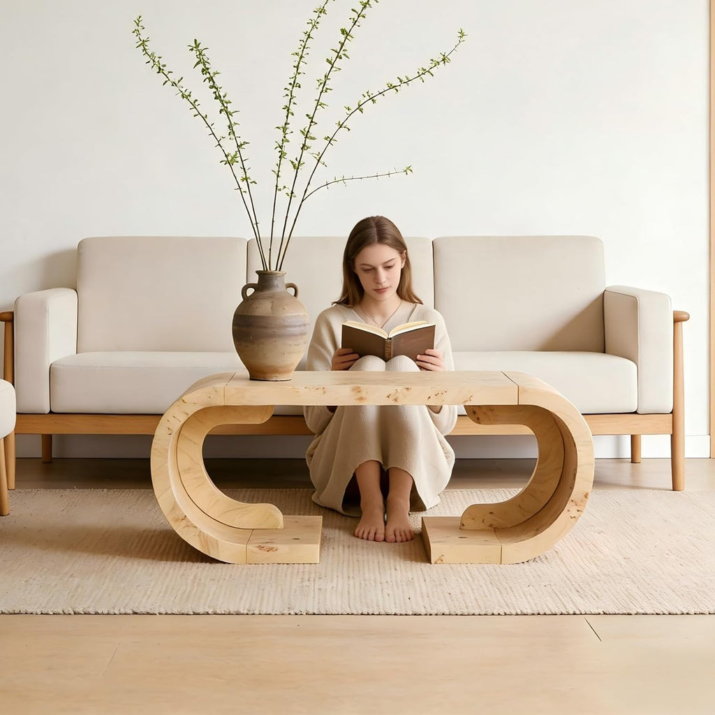 SSLine Mid-Century 47.24' Curved Coffee Table with Pedestal Base Burl Wood Veneer Natural Grain Top Center Table C-Shaped Center Tables for Living Room Bedroom