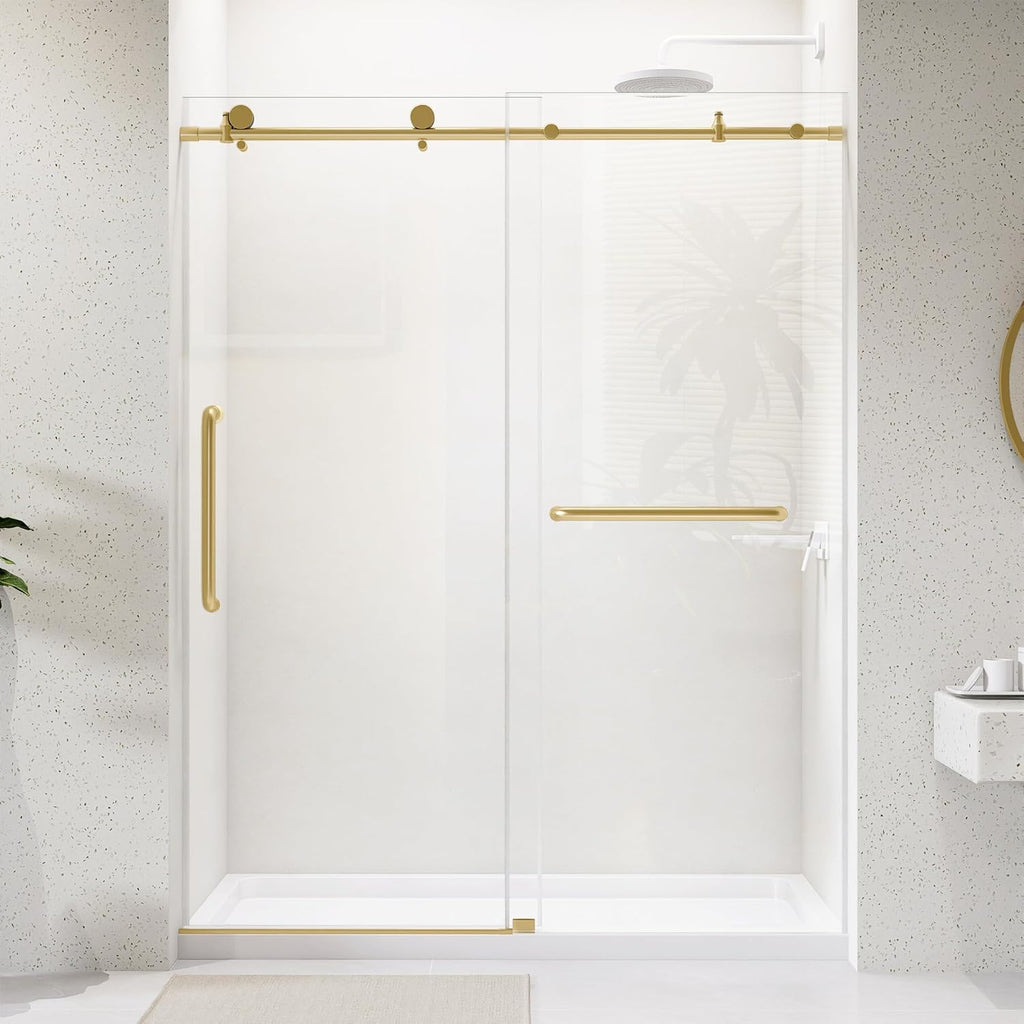Frameless Shower Door 60' x 75' Single Sliding Shower Door for Walk-in Bathroom Trimmed up 56-60' Width Extra Tall Easy Install Clear Shower Glass Doors in Brushed Gold Stainless Steel Hardware