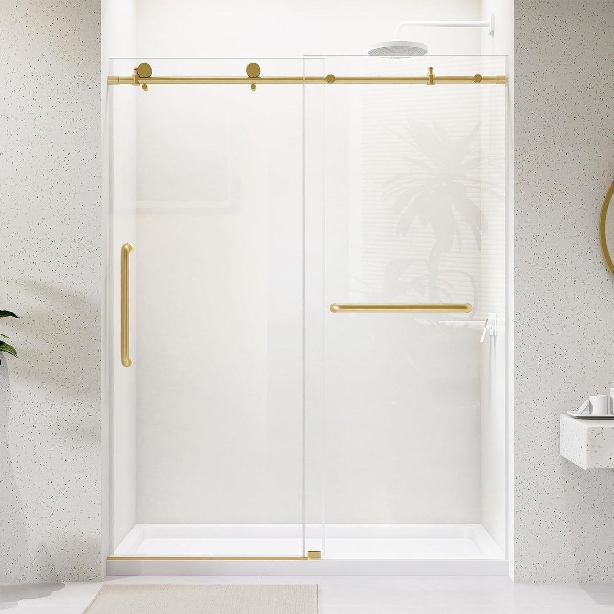 Frameless Shower Door 60' x 75' Single Sliding Shower Door for Walk-in Bathroom Trimmed up 56-60' Width Extra Tall Easy Install Clear Shower Glass Doors in Brushed Gold Stainless Steel Hardware
