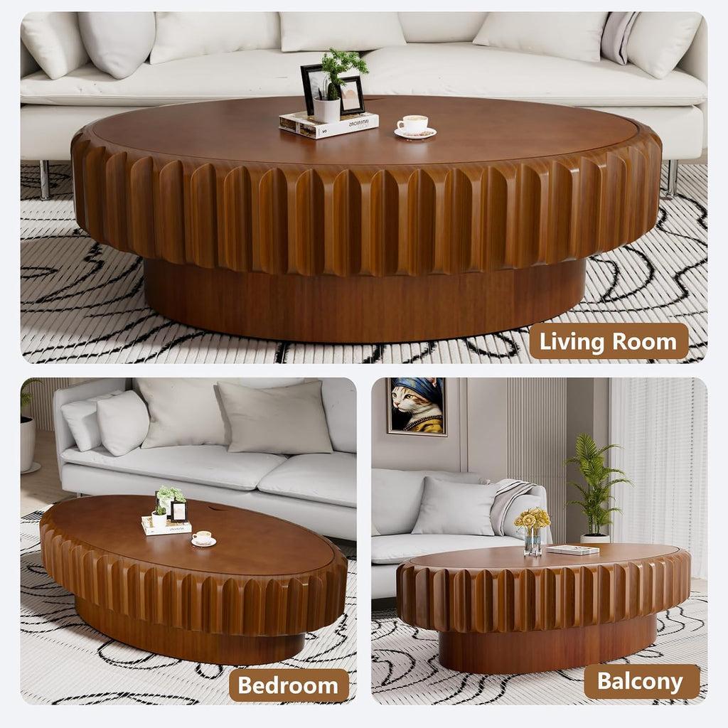 43.3'' Oval Coffee Table with Storage Drum Coffee Tables with Solid Wood Fluted, Modern Wooden Accent Center Table for Living Room, Apartment, Home, Office - Brown (Brown 43.3')