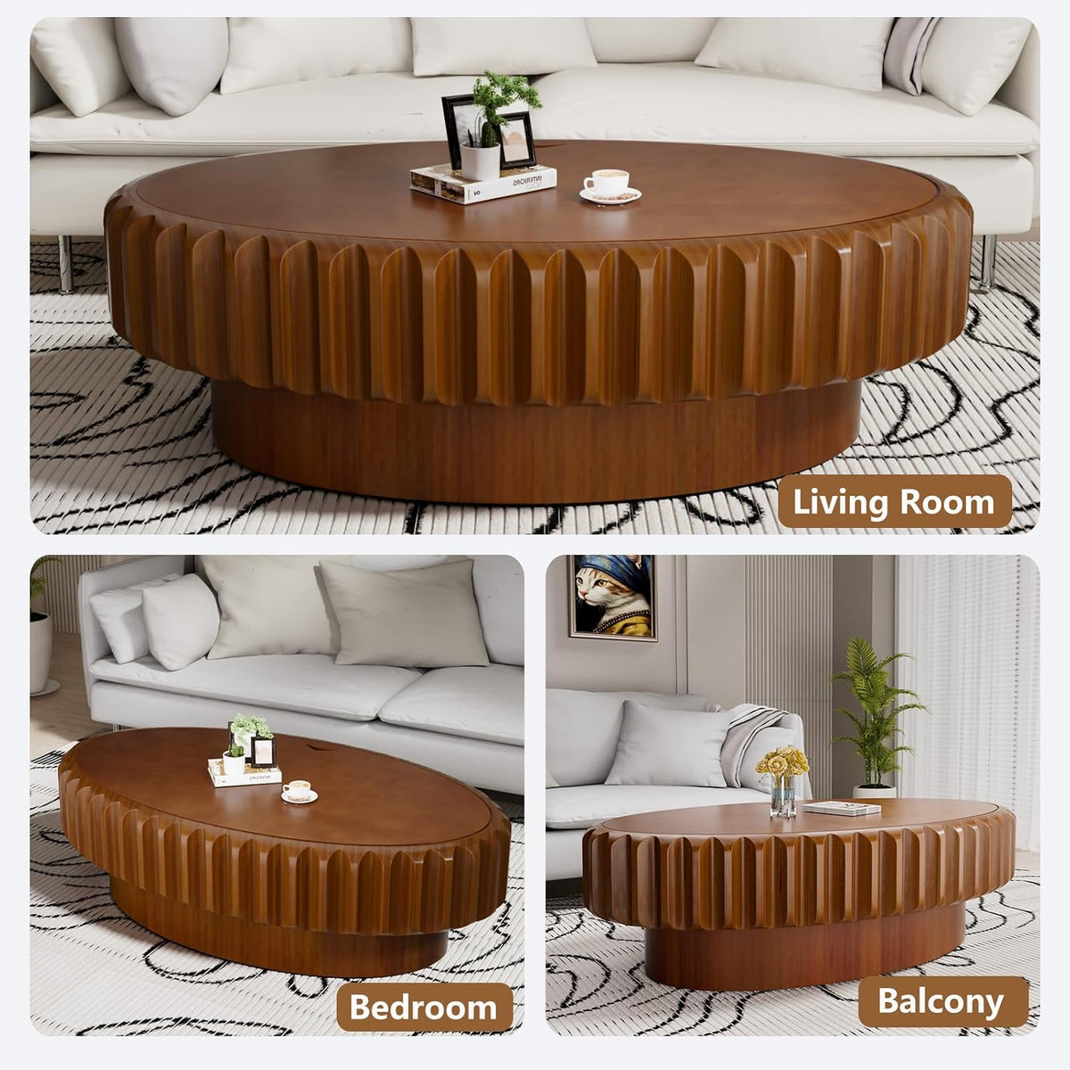 43.3'' Oval Coffee Table with Storage Drum Coffee Tables with Solid Wood Fluted, Modern Wooden Accent Center Table for Living Room, Apartment, Home, Office - Brown (Brown 43.3')