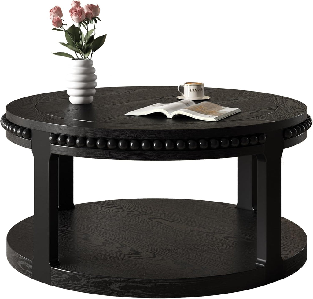 Round Coffee Table for Living Room 31.5' W Small Coffee Tables with Storage Shelf 2-Tier Modern Design Industrial Circle Wood Center Home Furniture Apartment Office Black