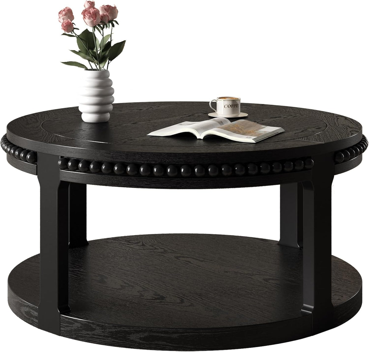 Round Coffee Table for Living Room 31.5' W Small Coffee Tables with Storage Shelf 2-Tier Modern Design Industrial Circle Wood Center Home Furniture Apartment Office Black