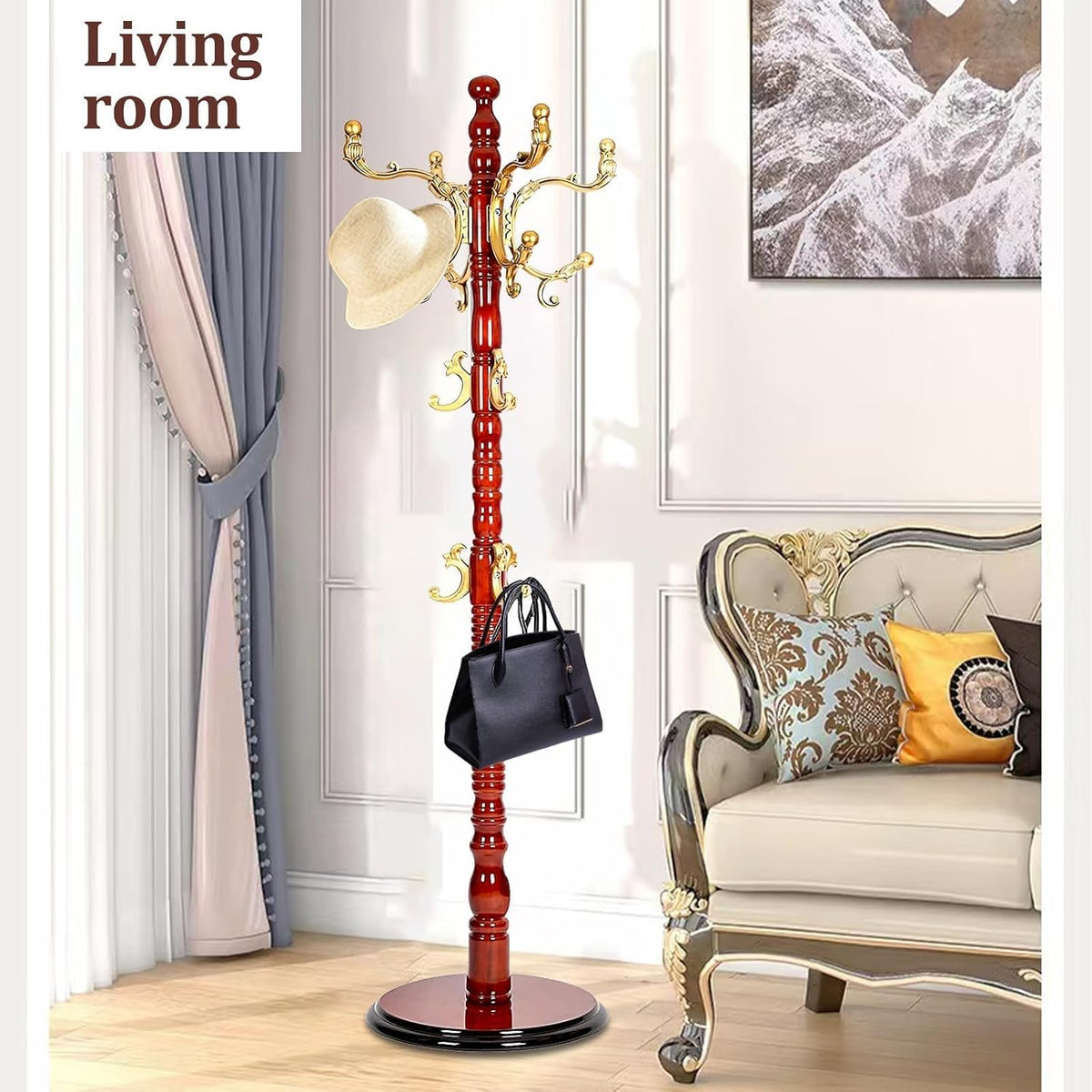 Coat Racks freestanding, High-grade Wooden Tree Rack, hall tree With 14 Hooks & Stable Disc Base, For such as coats, jackets, Home Office Entry-way hanger Organizer (Begonia color)