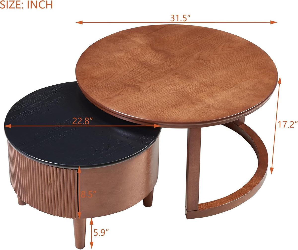 Merax 31.5'' Vintage Round Nesting Wood Coffee Table Set, 2-Tier with Drawer & Storage, Two-Tone Finish Fluted Design for Living Room Apartment, Walnut+Black