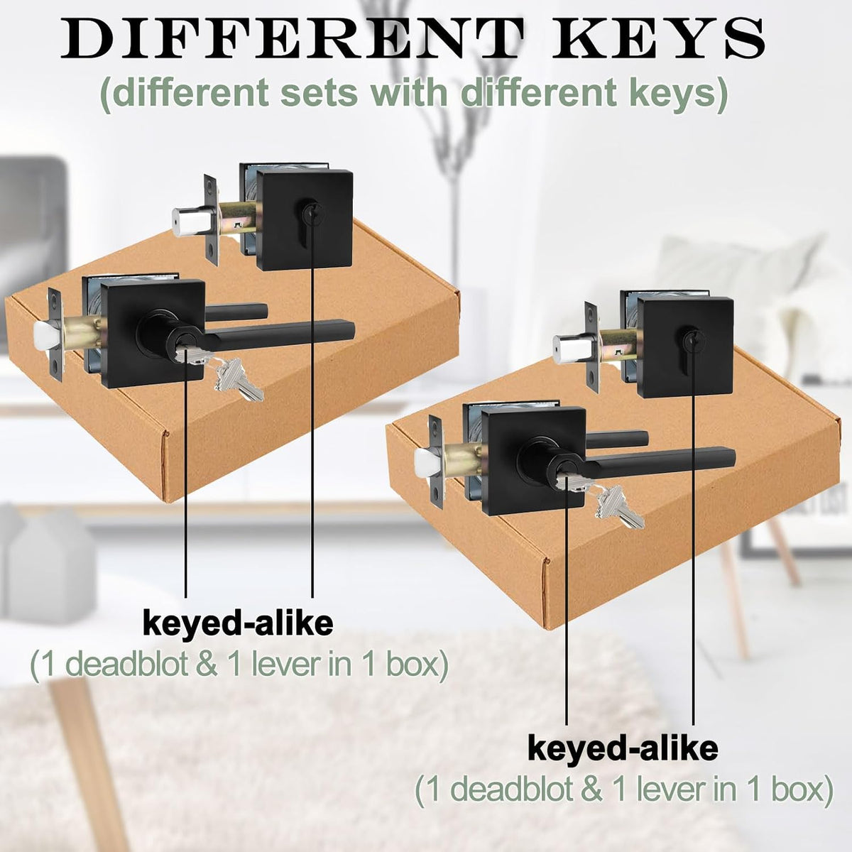 Keyed Entry Door Handle with Single Cylinder Deadbolt, Keyed Alike(Same Keys Only Per Set) Front Door/Exterior Door Lever Lockset, Matte Black, 6 Sets of Locks with 6 Sets of Different Keys